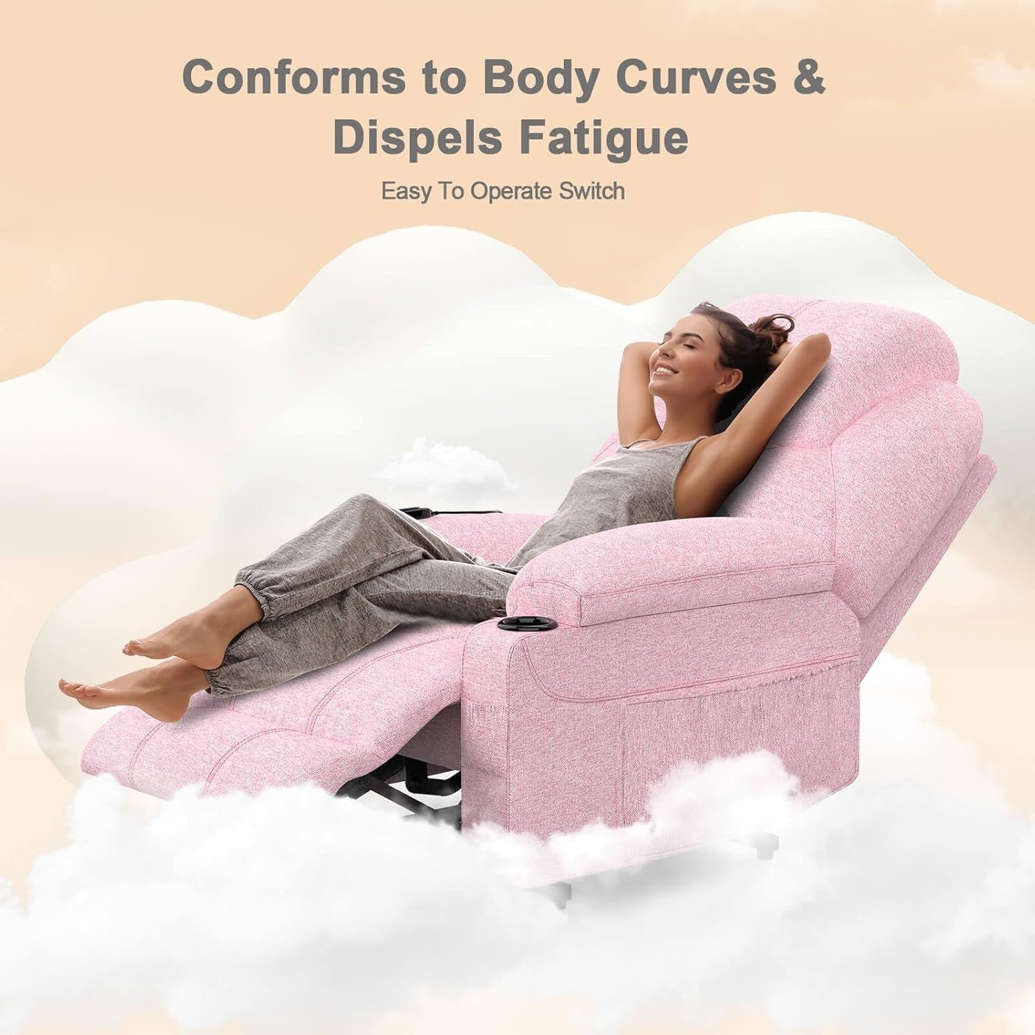 Power Lift Recliner Chair Massage Heat USB Type-C Cup Holders Pink Faux Leather