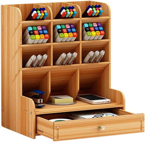 Wooden Desk Organizer Desktop Shelves with Drawer Pen Holder Office