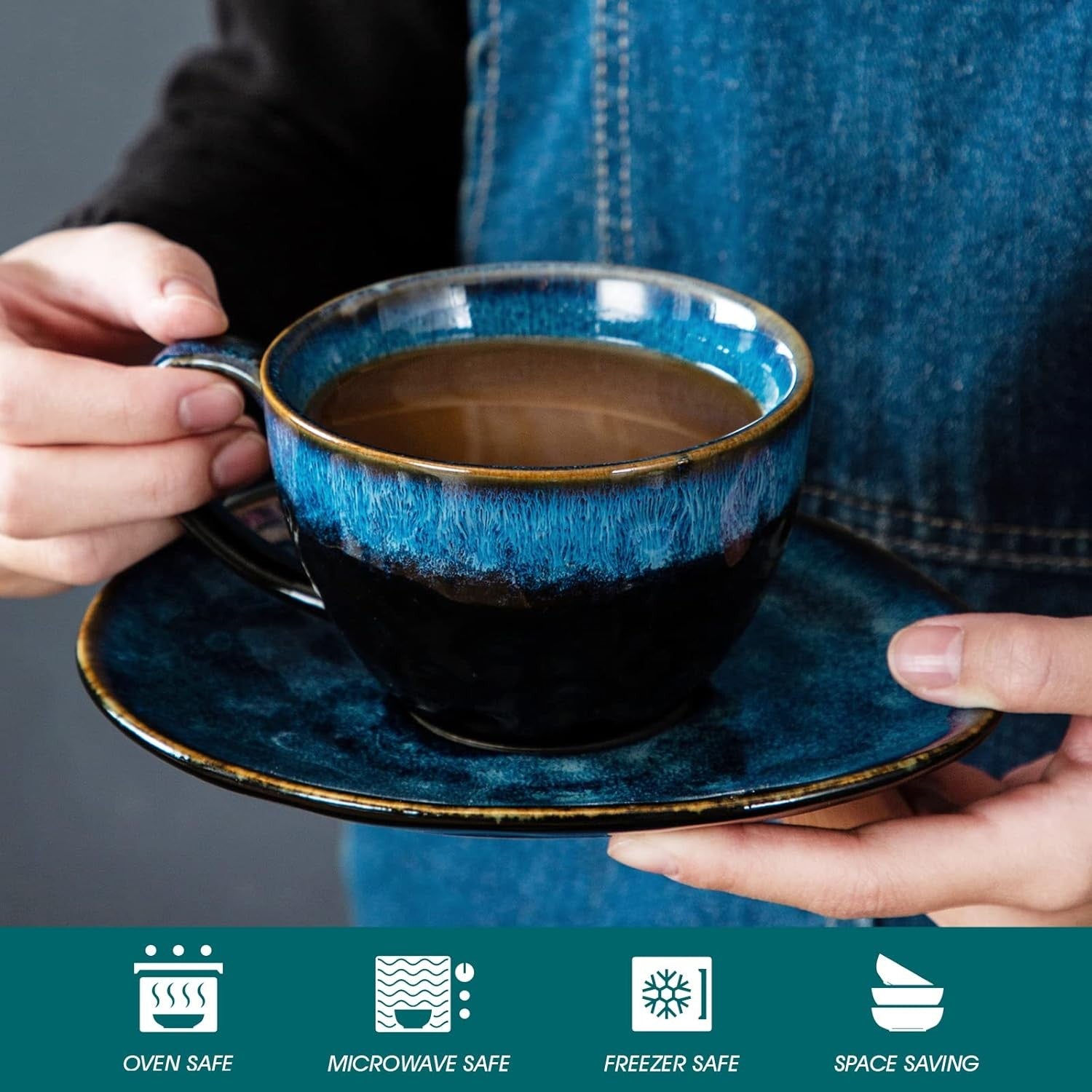 8pc Ceramic Coffee Cup & Saucer Set 270ml Blue Espresso Tea Cups