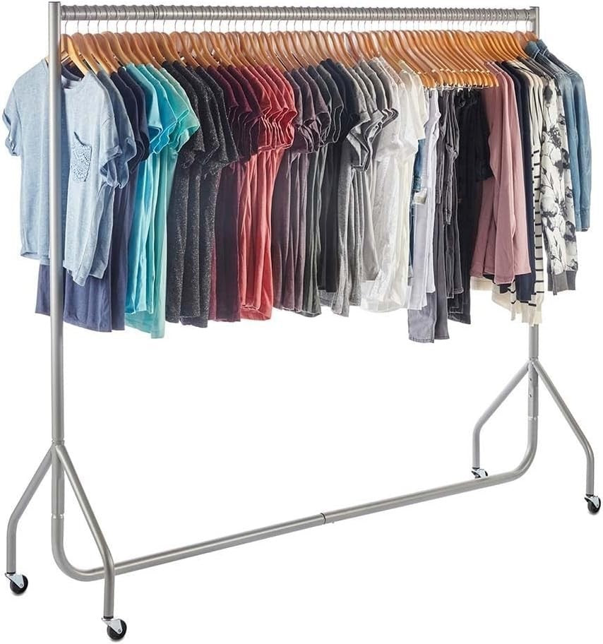 Heavy Duty Clothes Rail 6ft Steel Silver, 100kg Load, Free Standing with Wheels