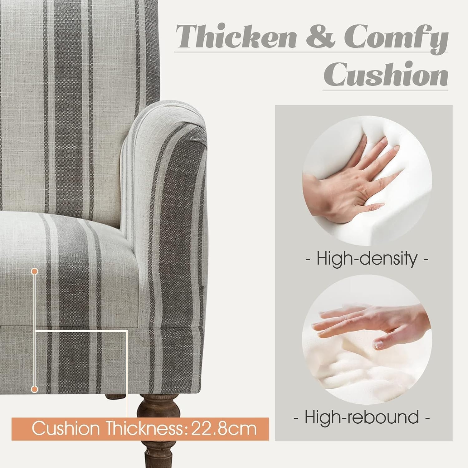 Set of 2 Striped Upholstered Armchair with Wooden Legs Lounge or Bedroom Grey