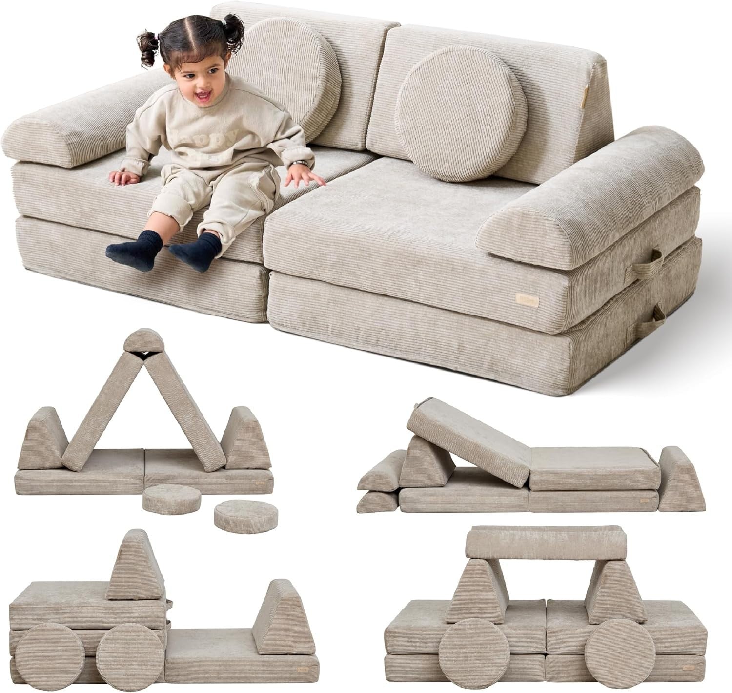 Modular Kids Play Sofa 10 Piece Corduroy Couch Toddler Sofa Bed Mushroom