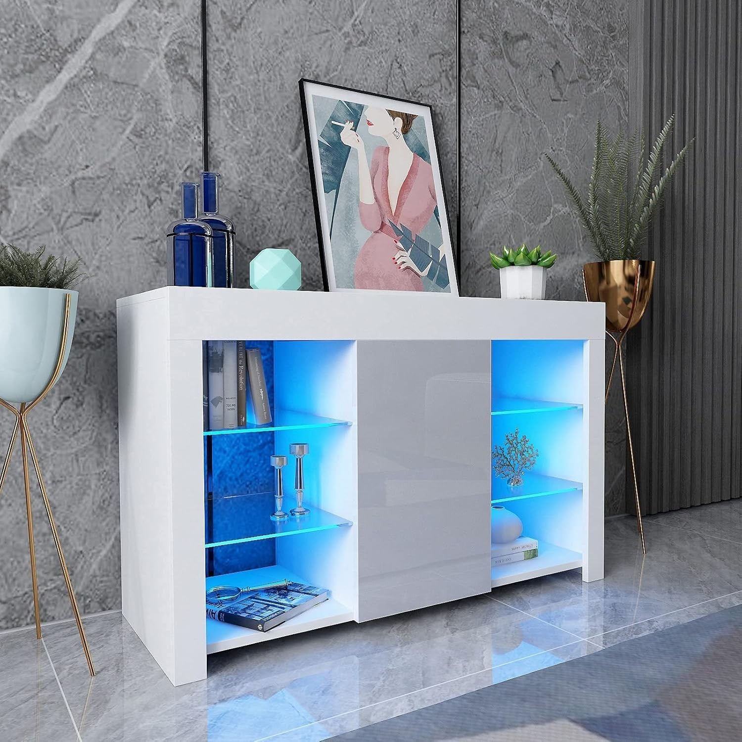 Modern White Gloss Sideboard Storage Cabinet with LED Lights & Glass Shelves