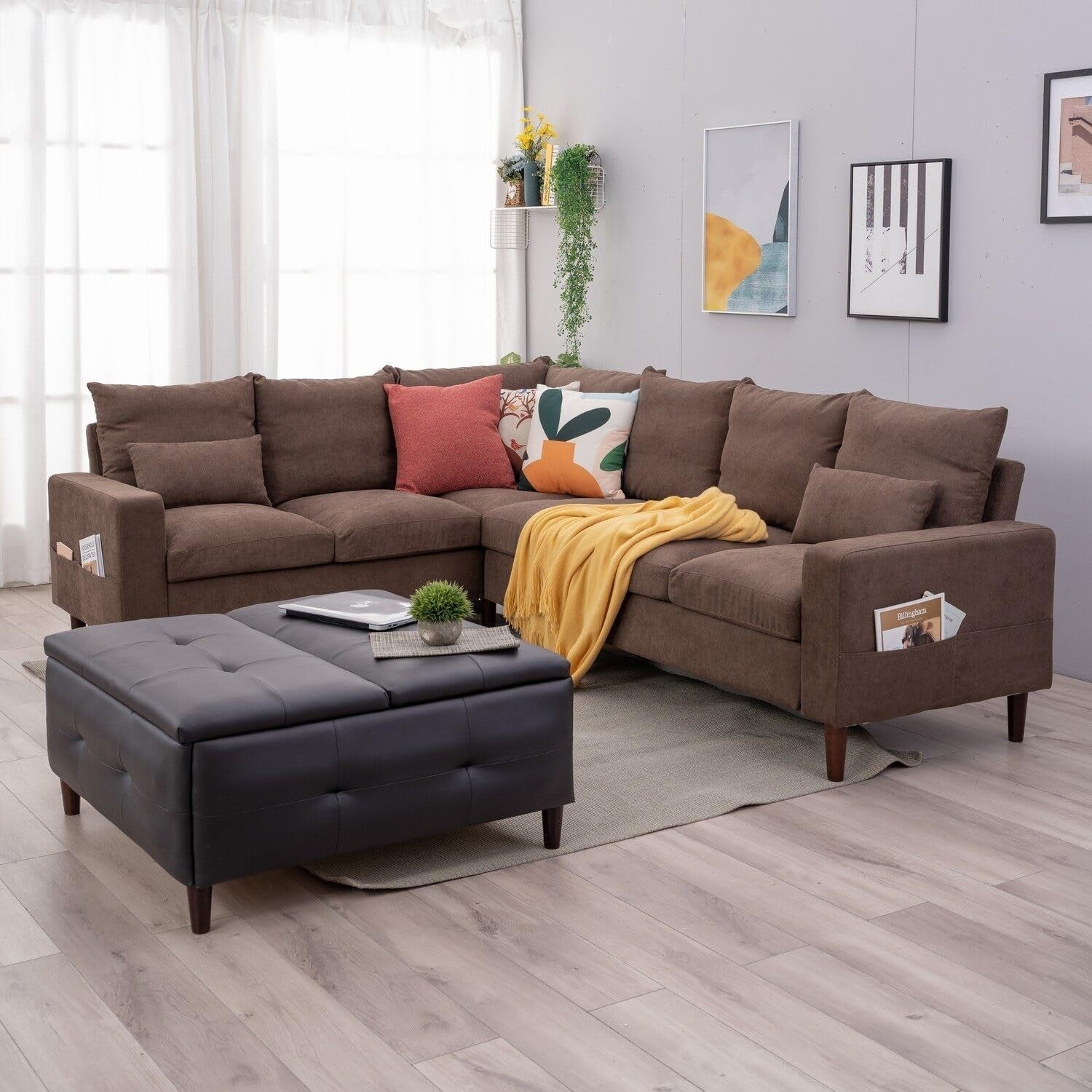 6 Seater L Shape Corner Sofa Brown Linen Modern Large 3+2 Lounge Couch