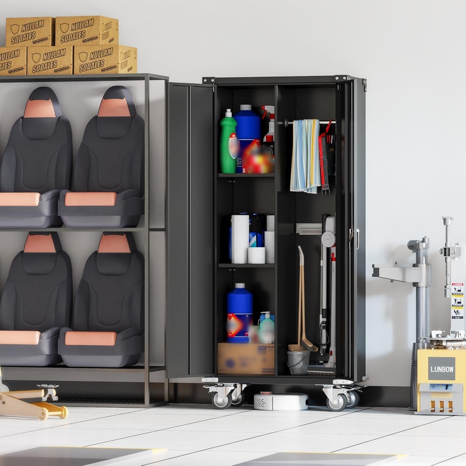 Heavy Duty Metal Garage Storage Cabinet with Wheels, Lock & Shelves