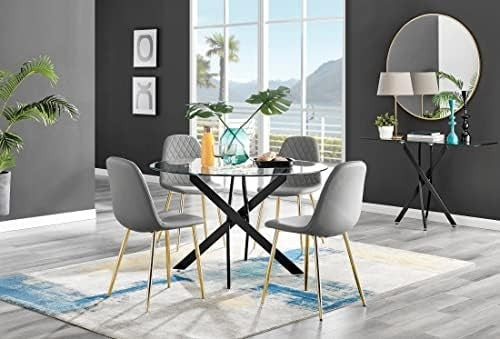 Round Glass Dining Table 120cm Matte Black + 4 Grey Gold Leg Chairs