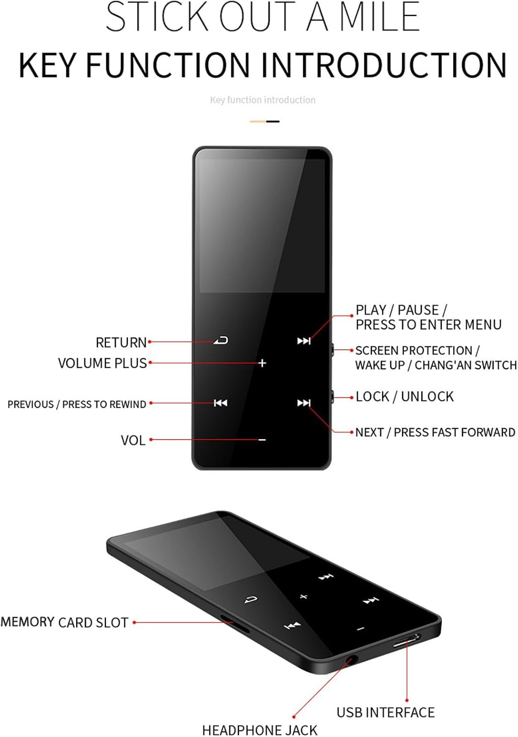 Bluetooth 5.0 MP3 MP4 Player 1.8" Touch 8GB HiFi Black