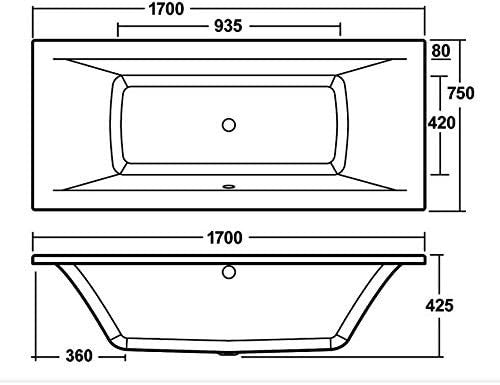 1700x750mm Double Ended Square Bath White Gloss Acrylic Adjustable Feet