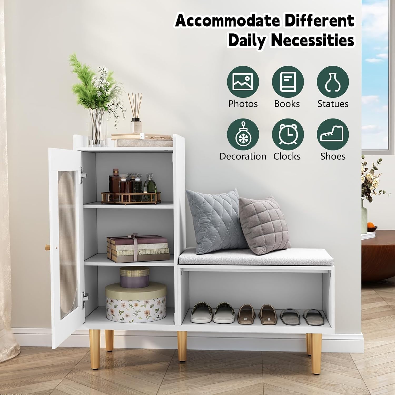White Shoe Storage Bench with Cushion & Glass Door Cabinet 100x29.5x91.5cm