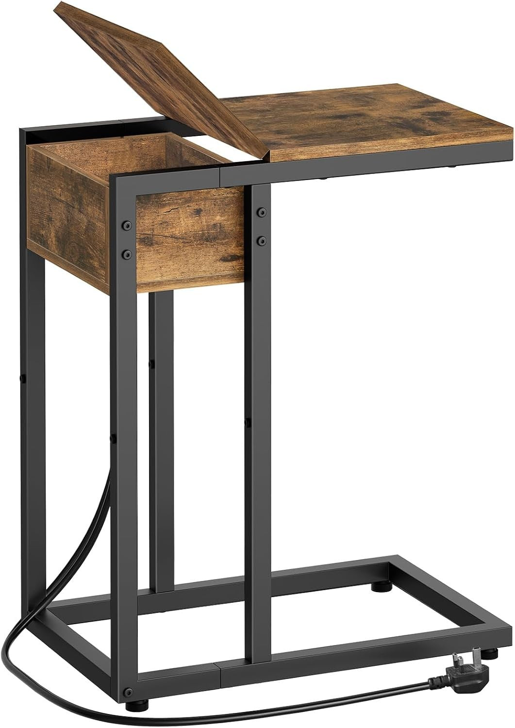 C Shaped Side Table with USB Ports, Outlet & Storage, Small Rustic End Table
