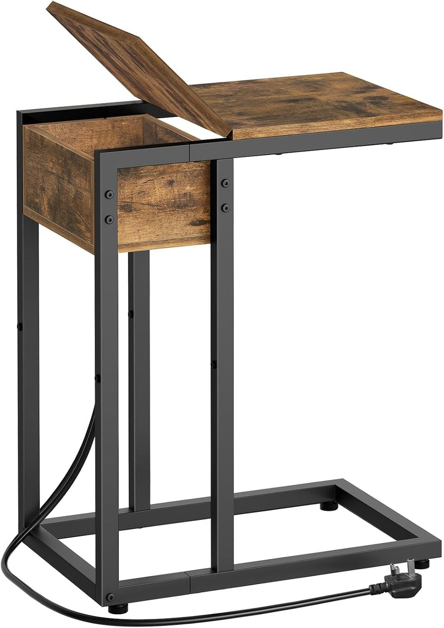 C Shaped Side Table with USB Ports, Outlet & Storage, Small Rustic End Table