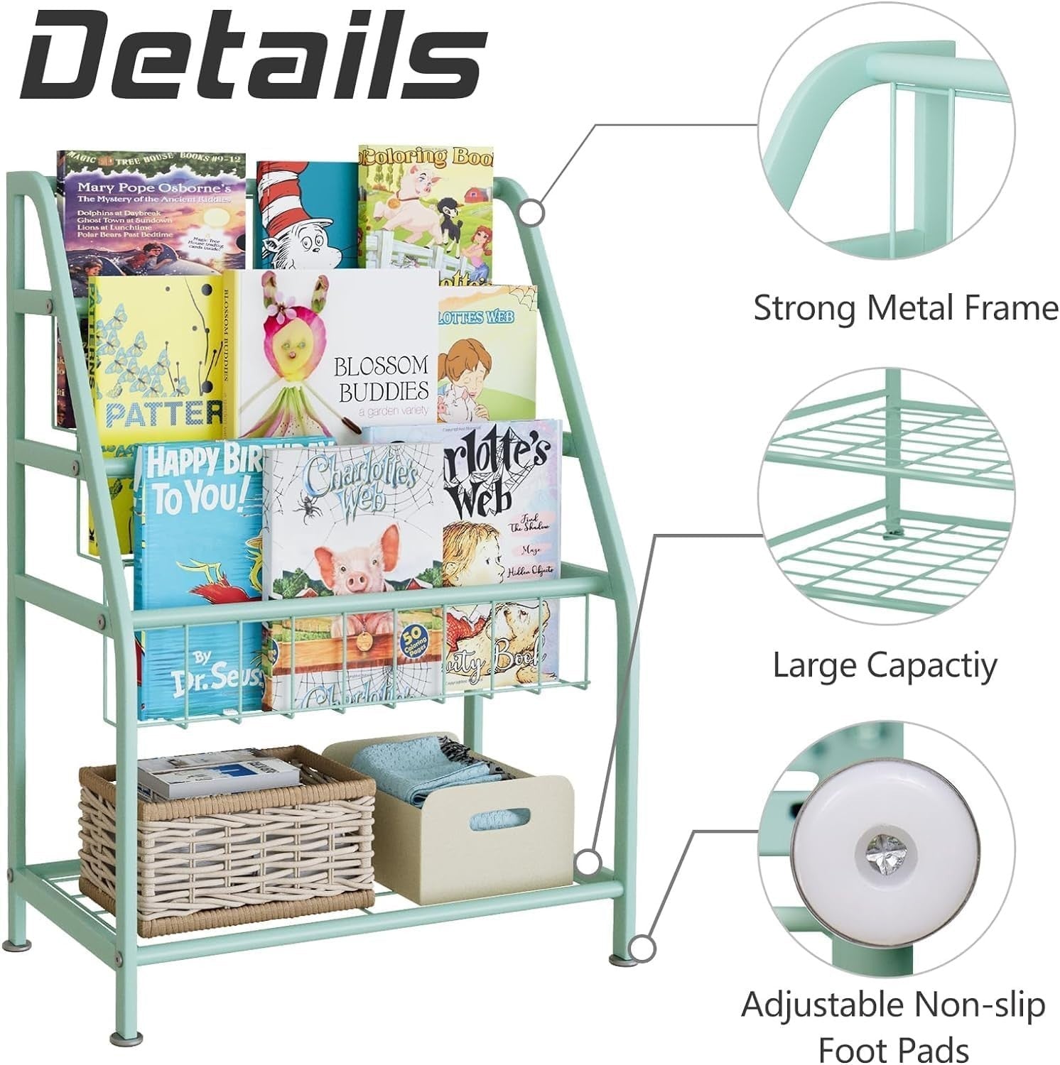 Kids Leaning Bookshelf & Toy Organizer Rack – Durable Metal, Space Saving