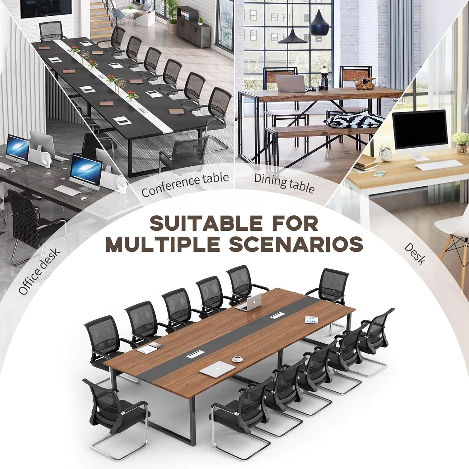Large Black Conference Table Meeting Desk w/ Cable Duct Metal Frame 120×60cm