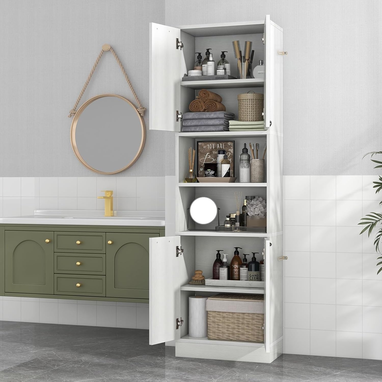 Tall Kitchen Cupboard Pantry Storage Cabinet 4 Door Open Shelves Freestanding