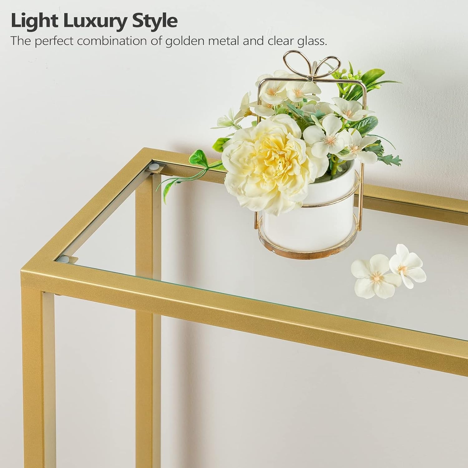 Slim 2-Tier Gold Console Table 100x22x80cm Tempered Glass Shelf