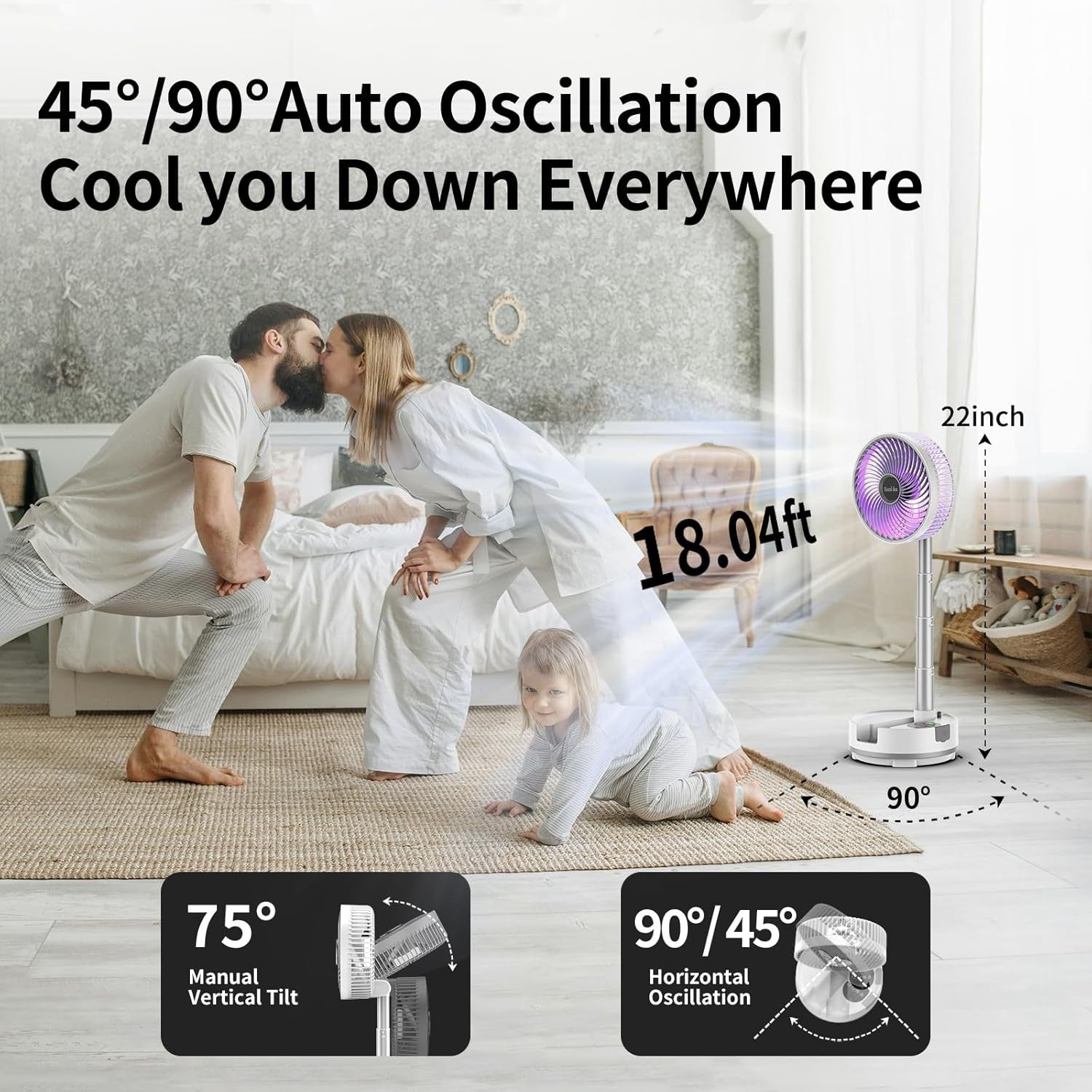 8" Portable Rechargeable Fan – 20000mAh USB Folding Floor Fan w/ Remote White