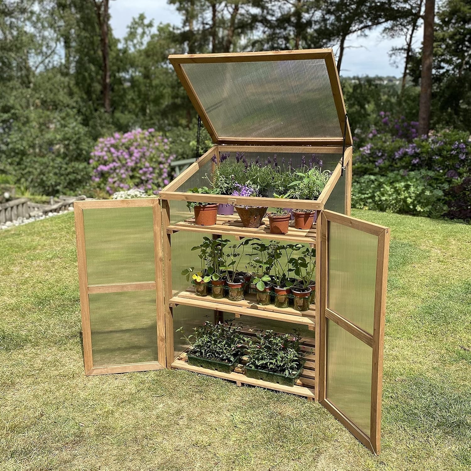 Wooden Framed Mini Greenhouse with Polycarbonate Panels & Double Doors
