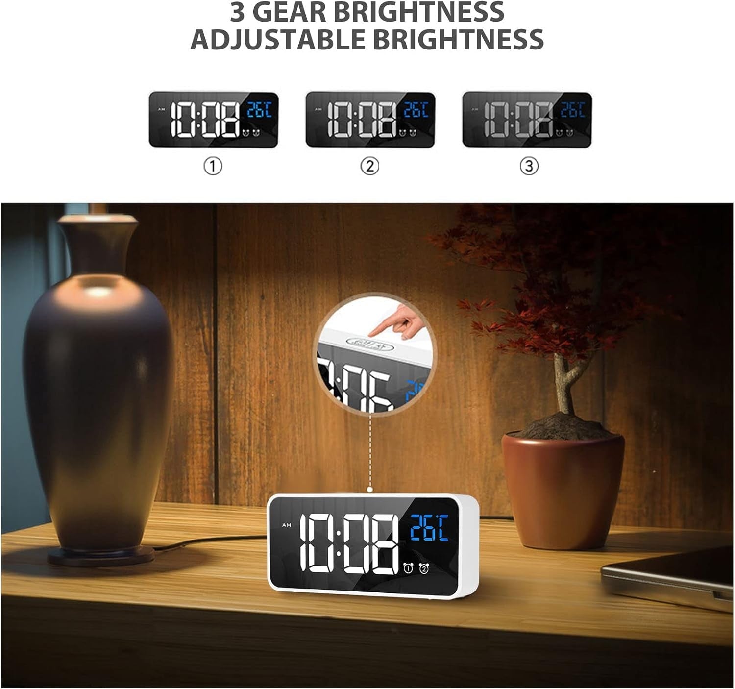Digital Alarm Clock Large LED Display Voice Control Rechargeable Dual Alarm