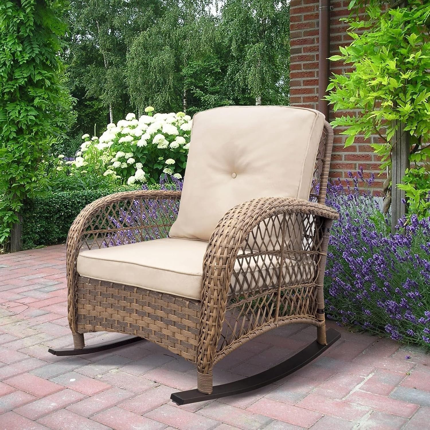 Outdoor Rattan Rocking Chair Beige Resin Wicker Patio Lounge Porch SeatOutdoor R