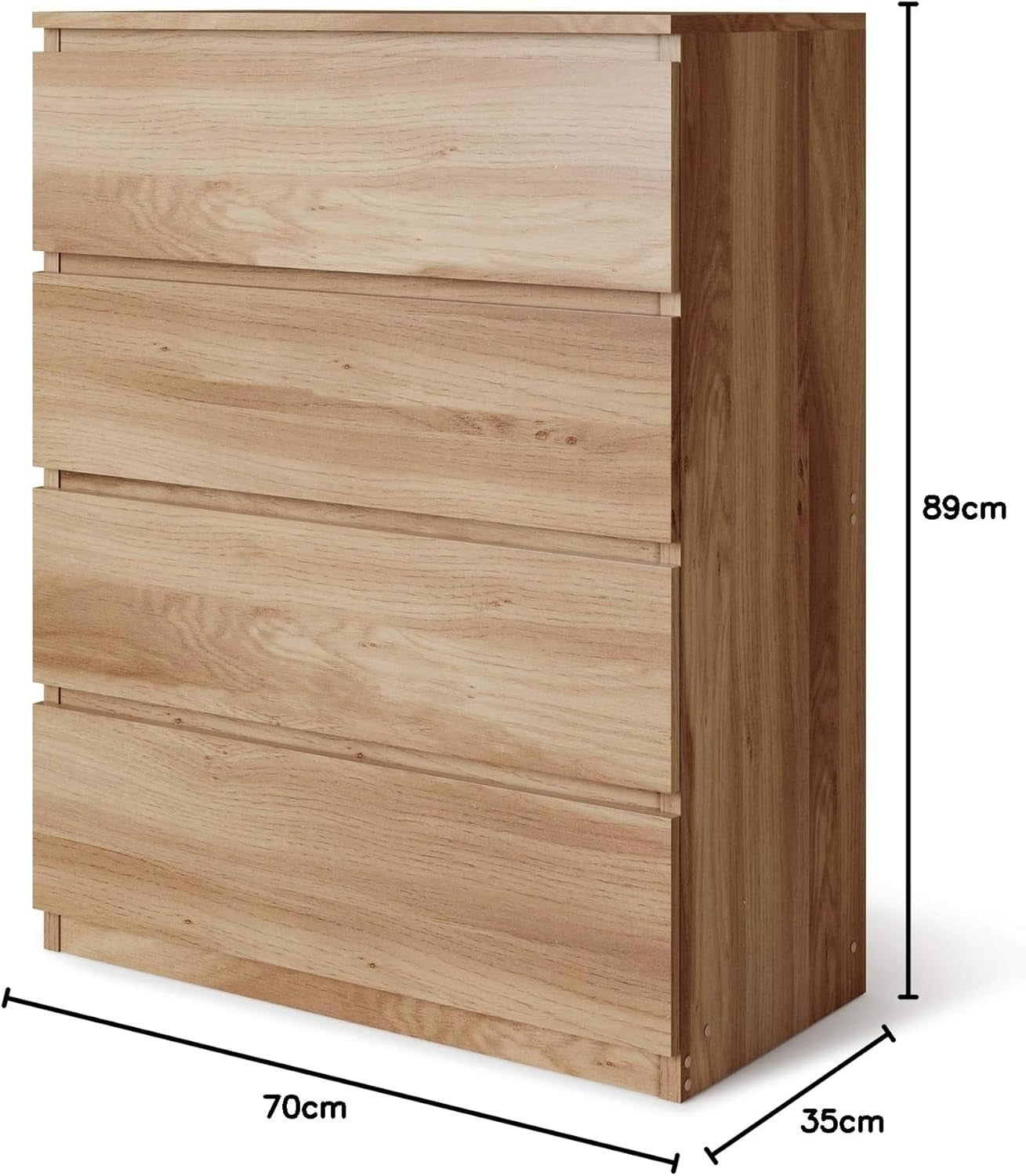 Tall Oak Chest of 4 Drawers Bedroom Storage Unit Modern No Handle Cabinet