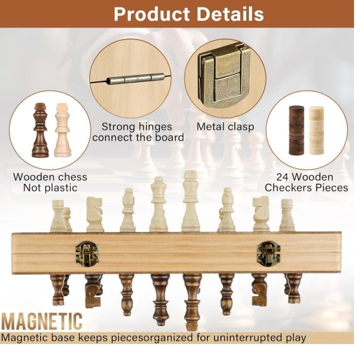 39cm Wooden Magnetic Chess Set 2-in-1 Folding Chess & Checkers Board