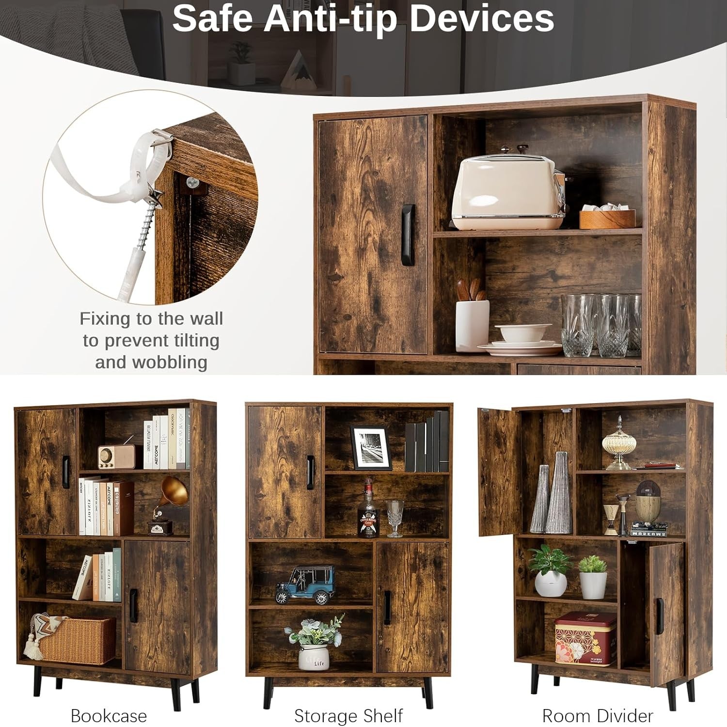 5-Tier Rustic Bookcase with Doors, Adjustable Shelves Tall Storage Cabinet 80×12
