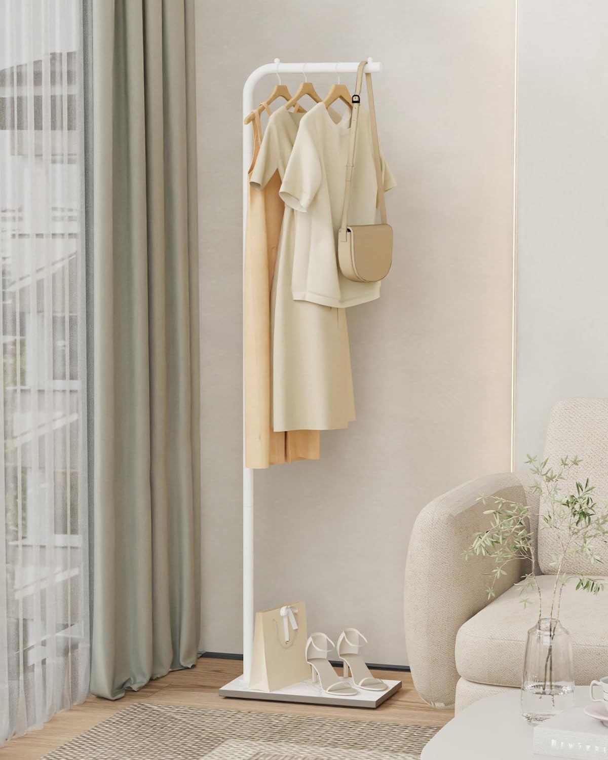 White Metal L-Shape Coat Rack | Freestanding Clothes Stand 180cm Hall Organizer