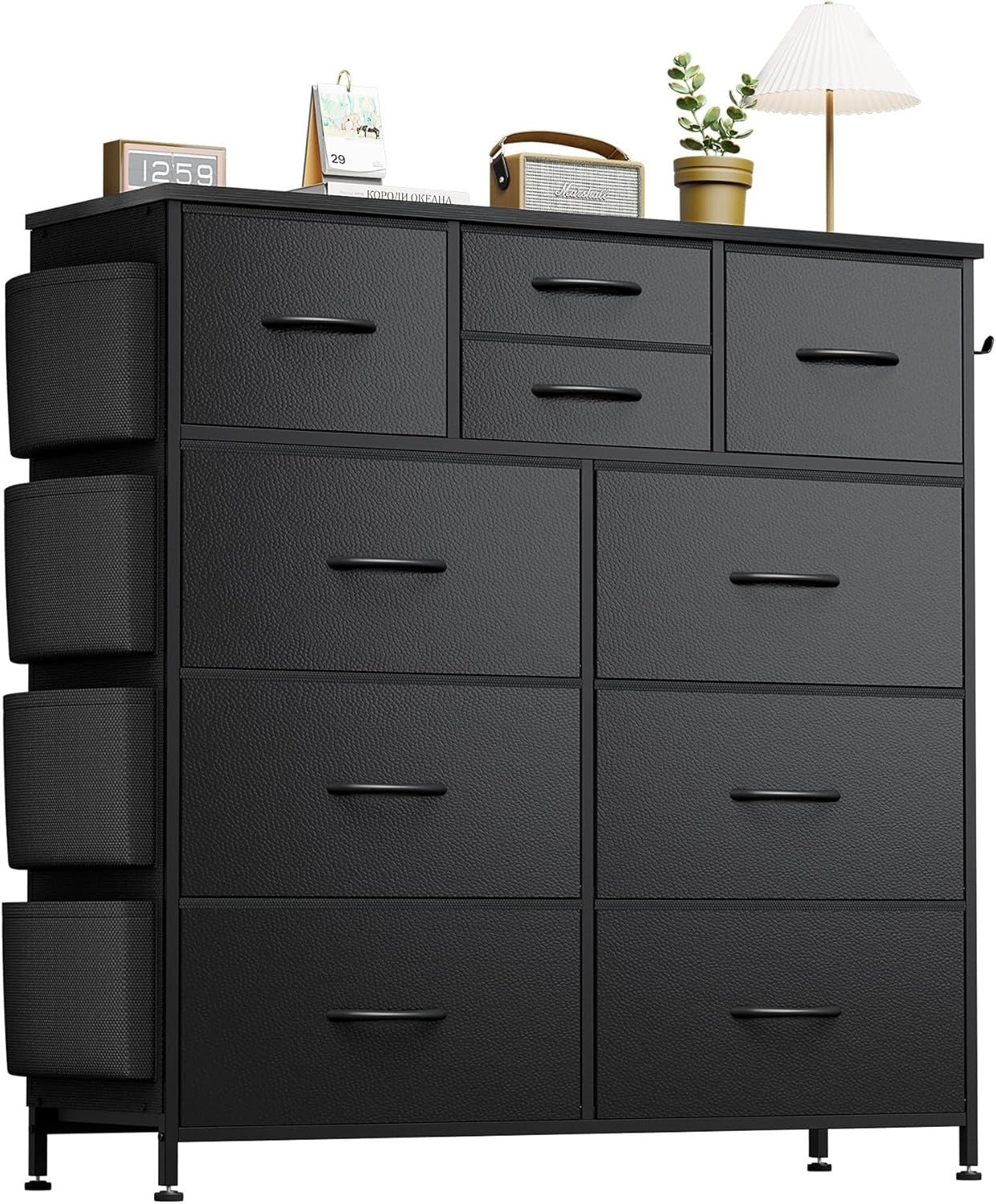 Black 10 Drawer Tall Chest with Fabric Drawers, Hooks & Side Storage Pockets