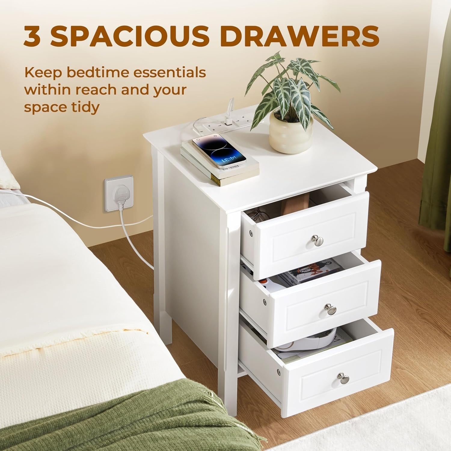 Drawer Bedside Table with Charging Station & USB Ports – White Modern Nightstand