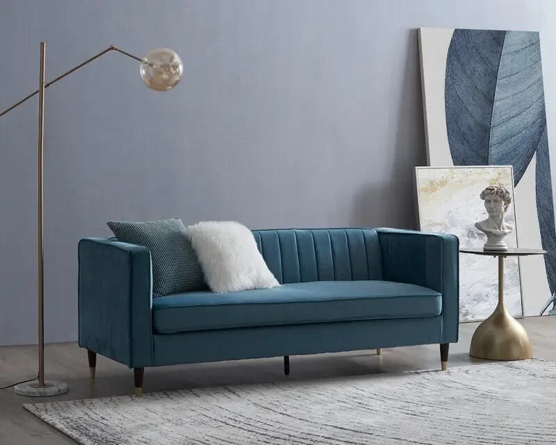 3 Seater Blue Velvet Sofa Ribbed Back UKFR Luxury Lounge Couch Modern