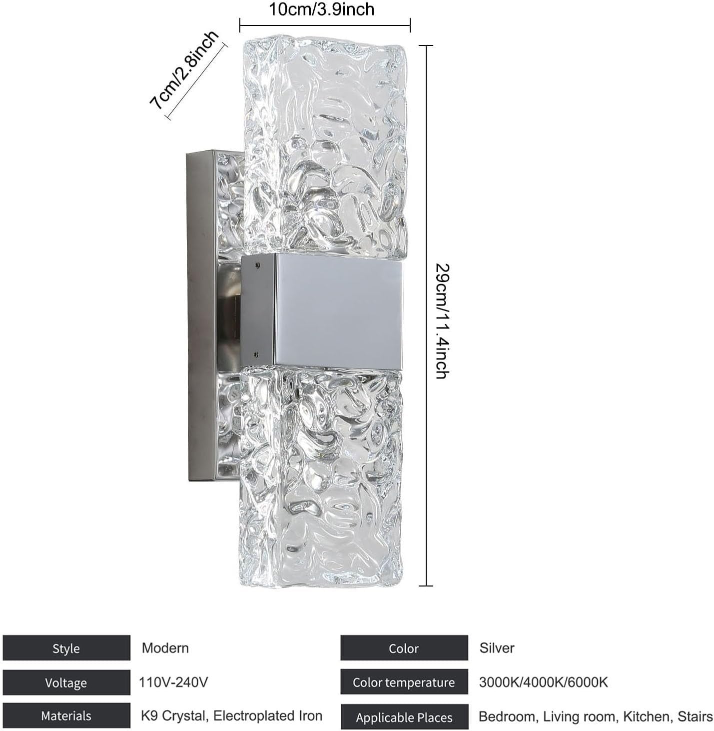Silver LED Wall Light with Nordic Crystal Design, Energy Efficient, Indoor