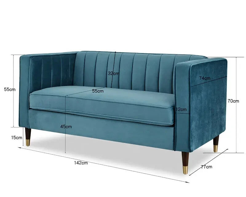 2 Seater Velvet Sofa Blue Ribbed Back Small Lounge Couch UK Certified