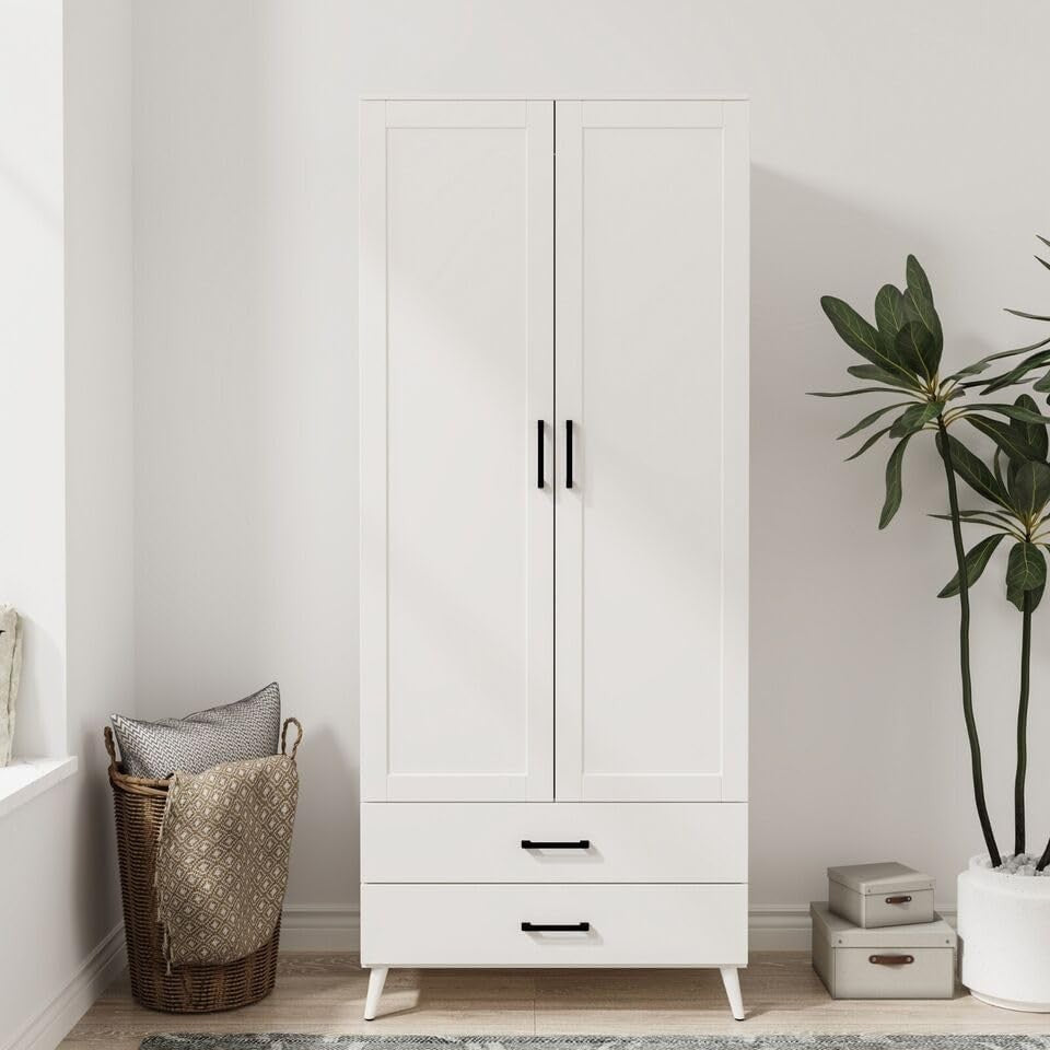Modern White Wardrobe 2 Doors 2 Drawers Bedroom Clothes Storage Unit