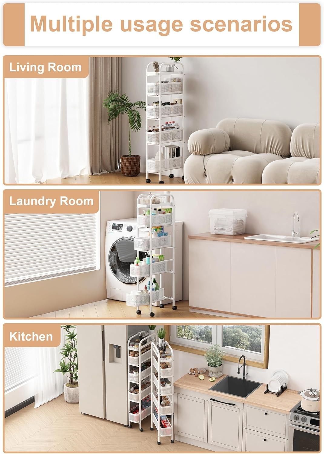 Slim 5 Tier Kitchen Storage Trolley w/ Pull Out Baskets