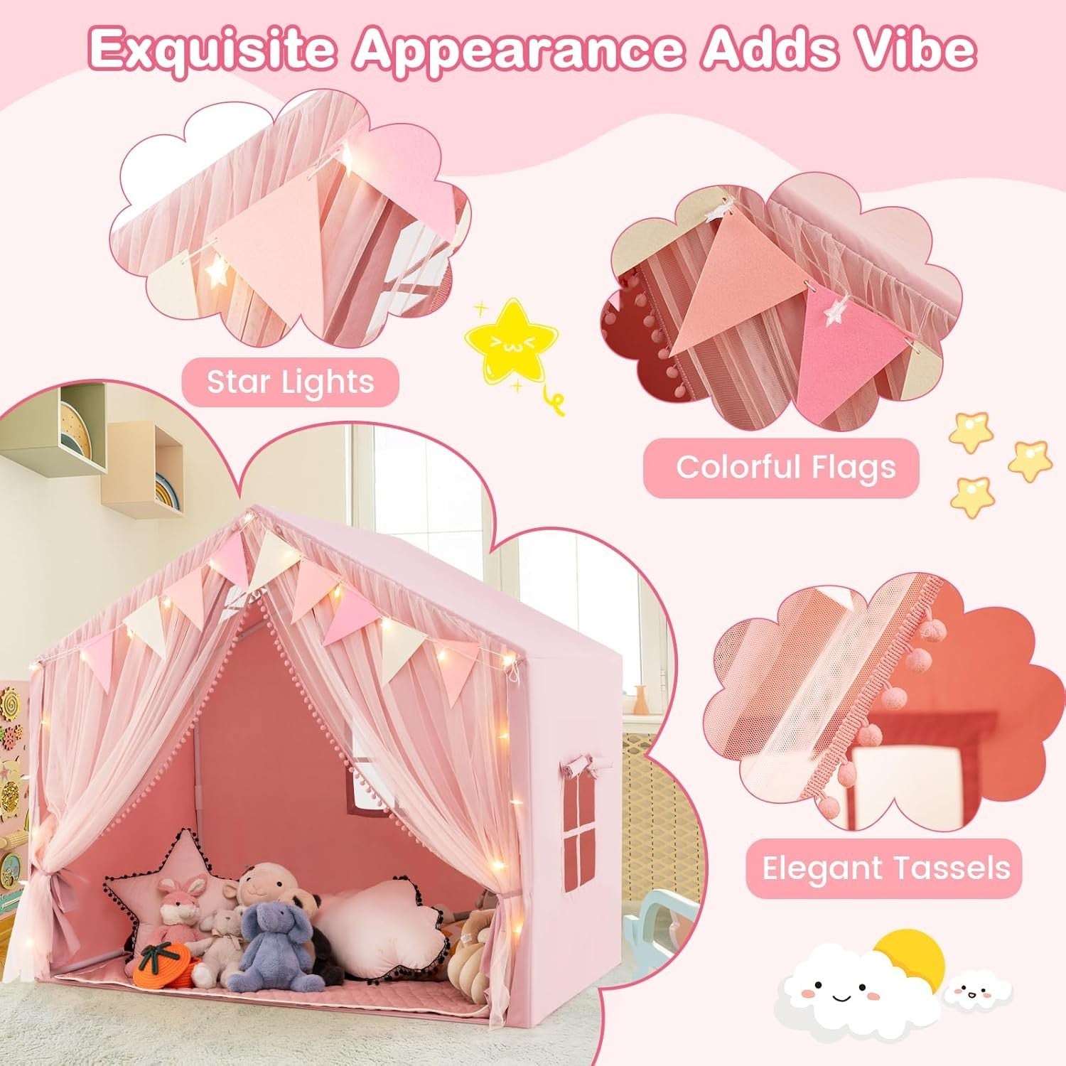 Pink Kids Fairy Playhouse Tent Indoor Outdoor w Lights Curtains Mat