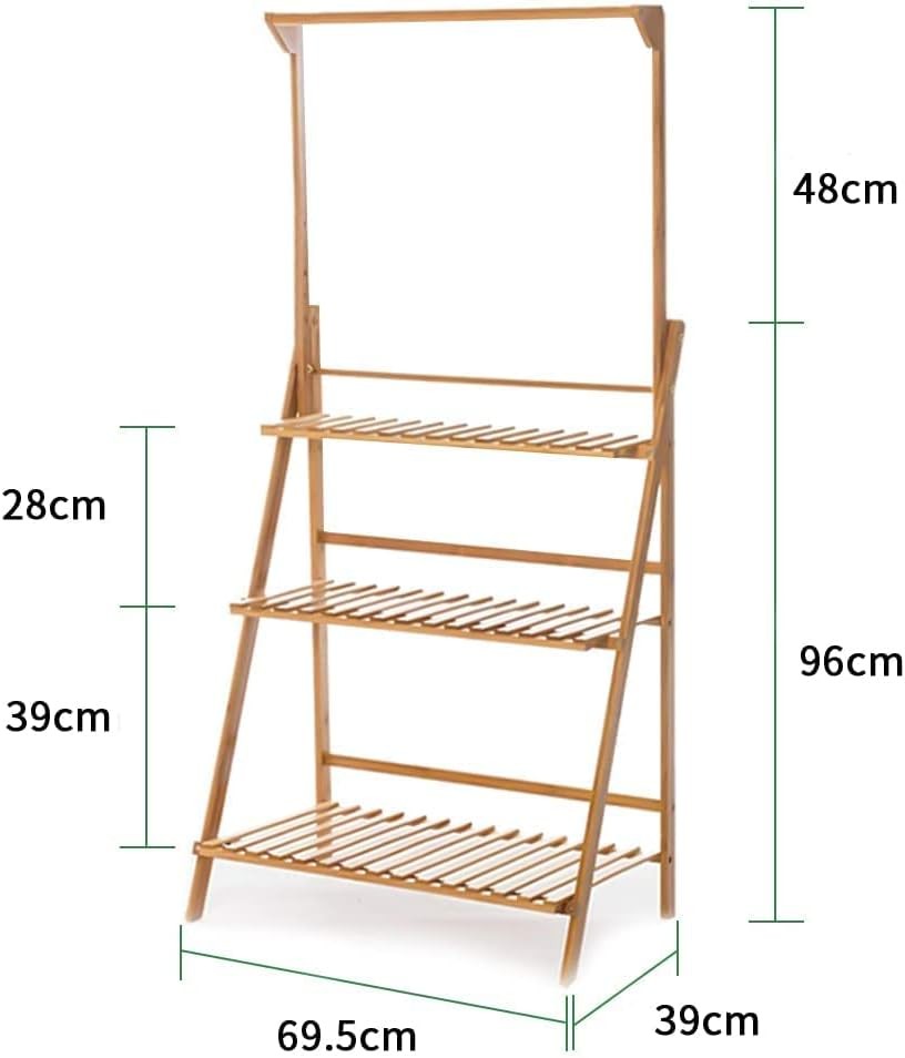 3 Tier Bamboo Plant Stand with Hanging Bar | Foldable Indoor Outdoor Ladder Shel