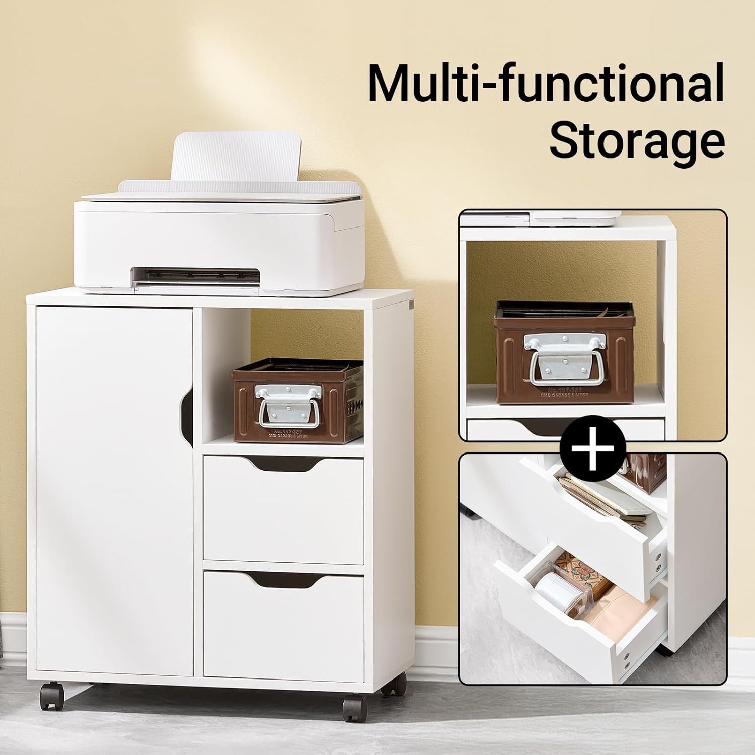 White Mobile Printer Cabinet 2 Drawer 1 Door Under Desk Storage