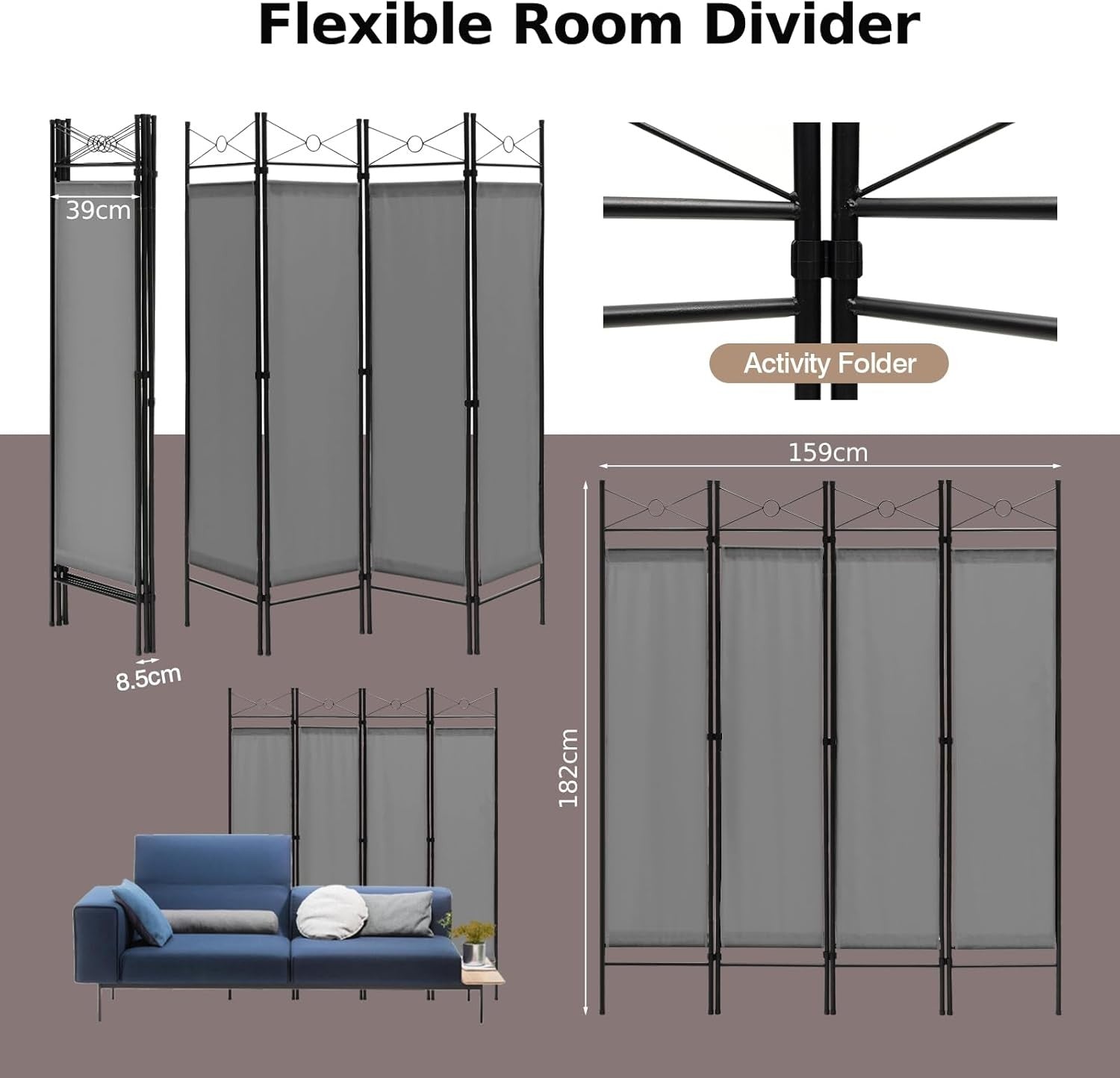 4 Panel Grey Folding Room Divider Privacy Screen Partition for Bedroom Office