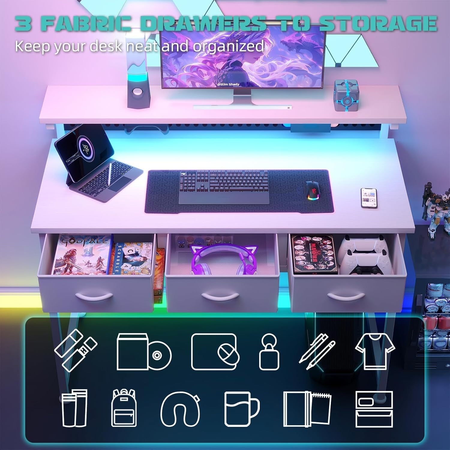 White Gaming Desk 110cm with LED Lights, Pegboard & 3 Storage Drawers