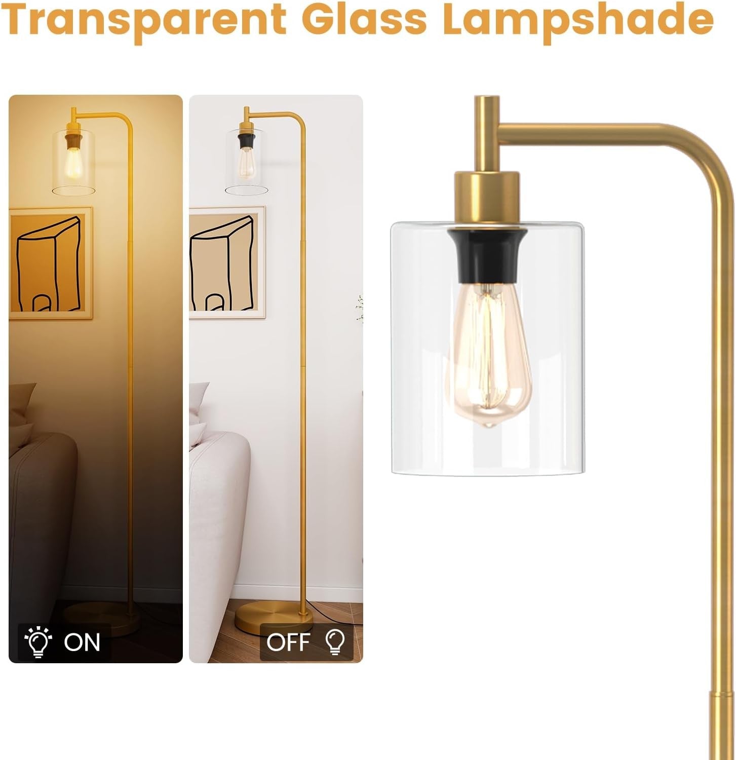 Industrial Floor Lamp Gold Glass Shade Tall Standing Light with Foot Switch