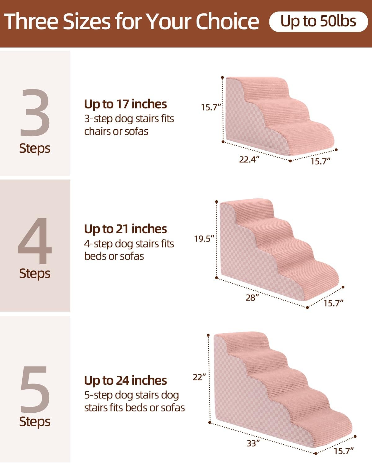 Dog Stairs for Couch 39cm High 3-Step Pet Stairs Small Dogs Non-Slip Pink