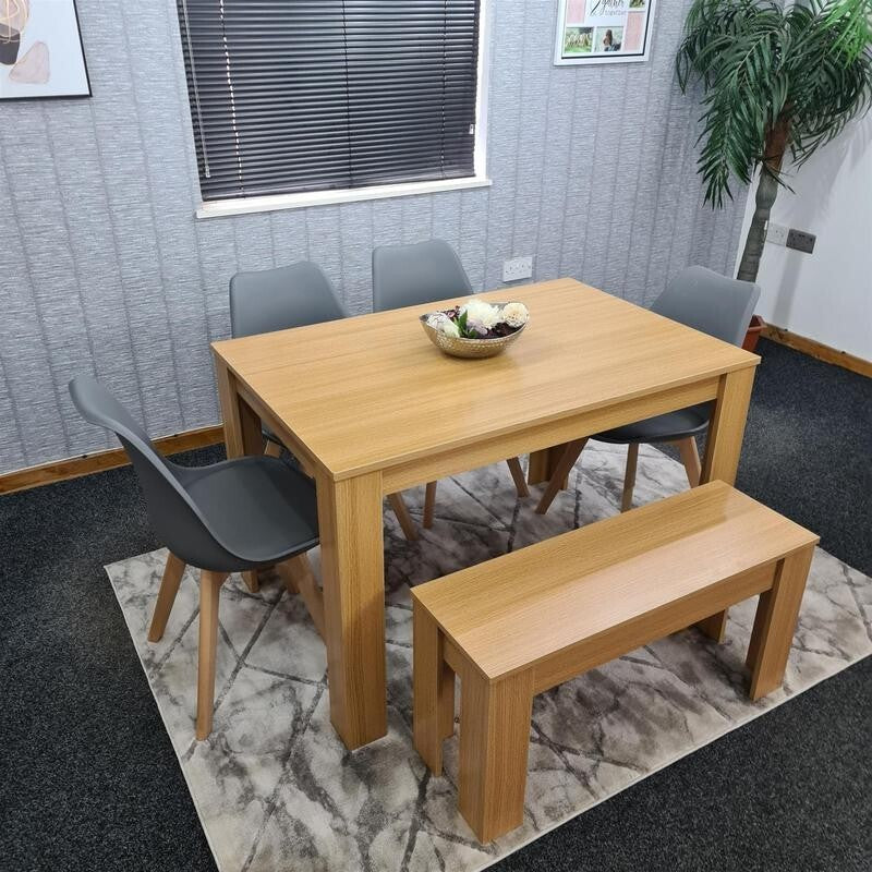Oak Effect Dining Table Set with 4 Grey Chairs & Bench, 6 Seater Kitchen