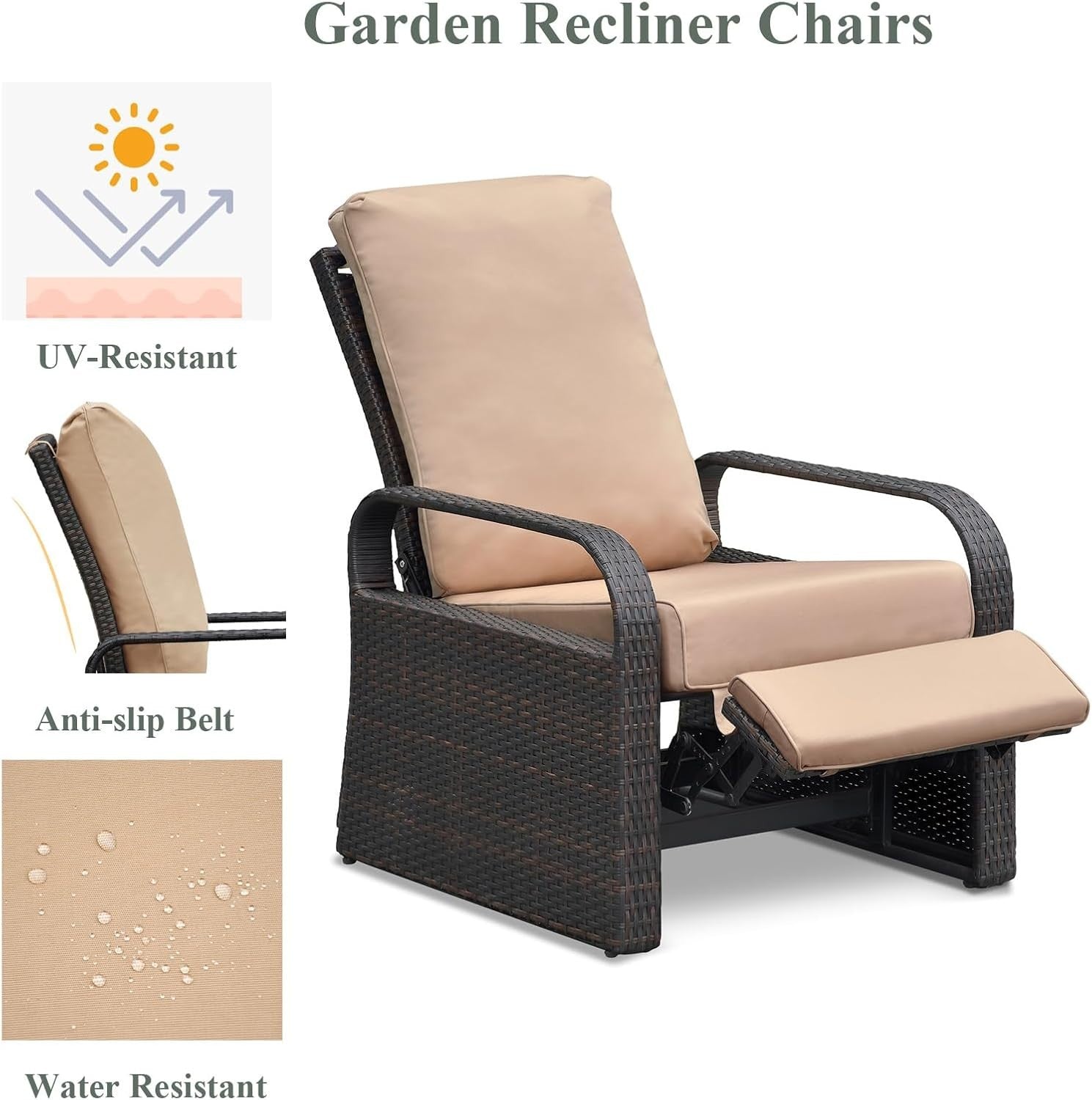 Reclining Outdoor Garden Chair with Cushions Rattan Frame Weatherproof