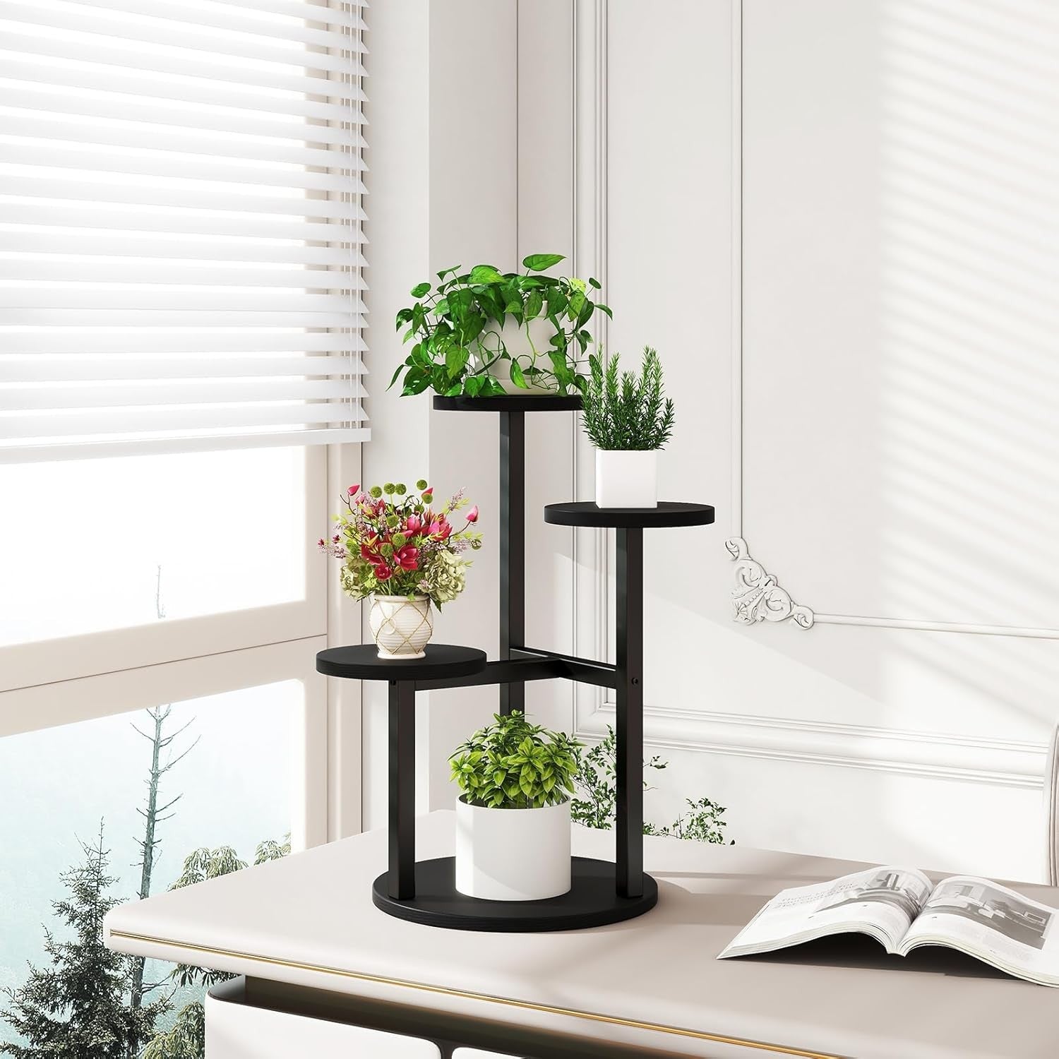 4 Tier Black Metal Wood Plant Stand | Modern Indoor Corner Flower Pot Shelf
