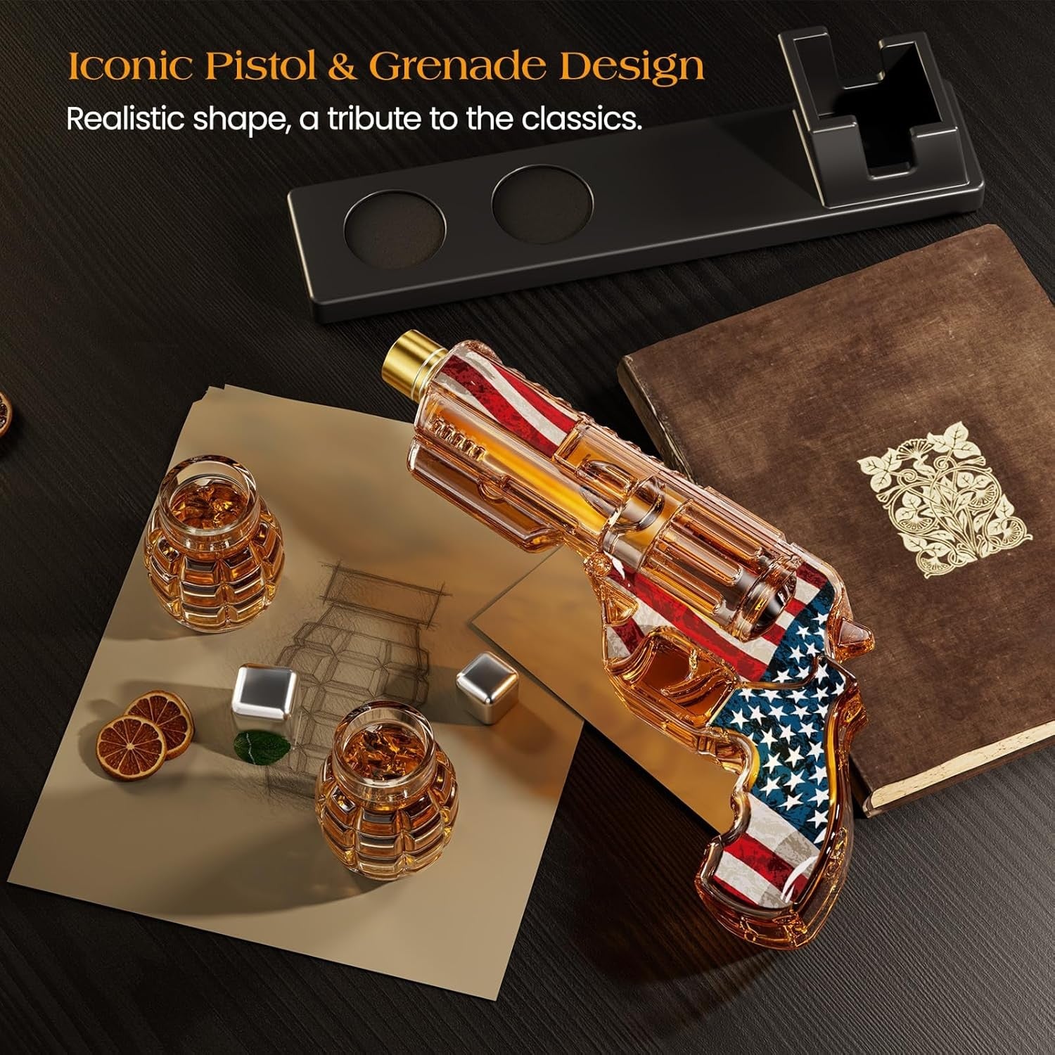 Gun Whiskey Decanter Flag Edition with Grenade Shot Glasses & Stand 380ml Gift S
