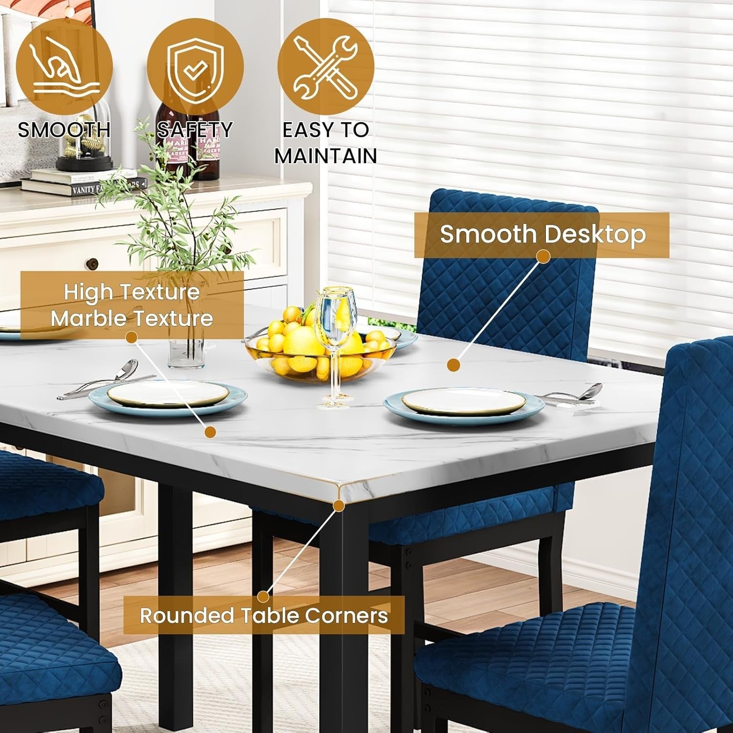 5-Piece Dining Table Set with Faux Marble Top & 4 Velvet Chairs, White & Blue