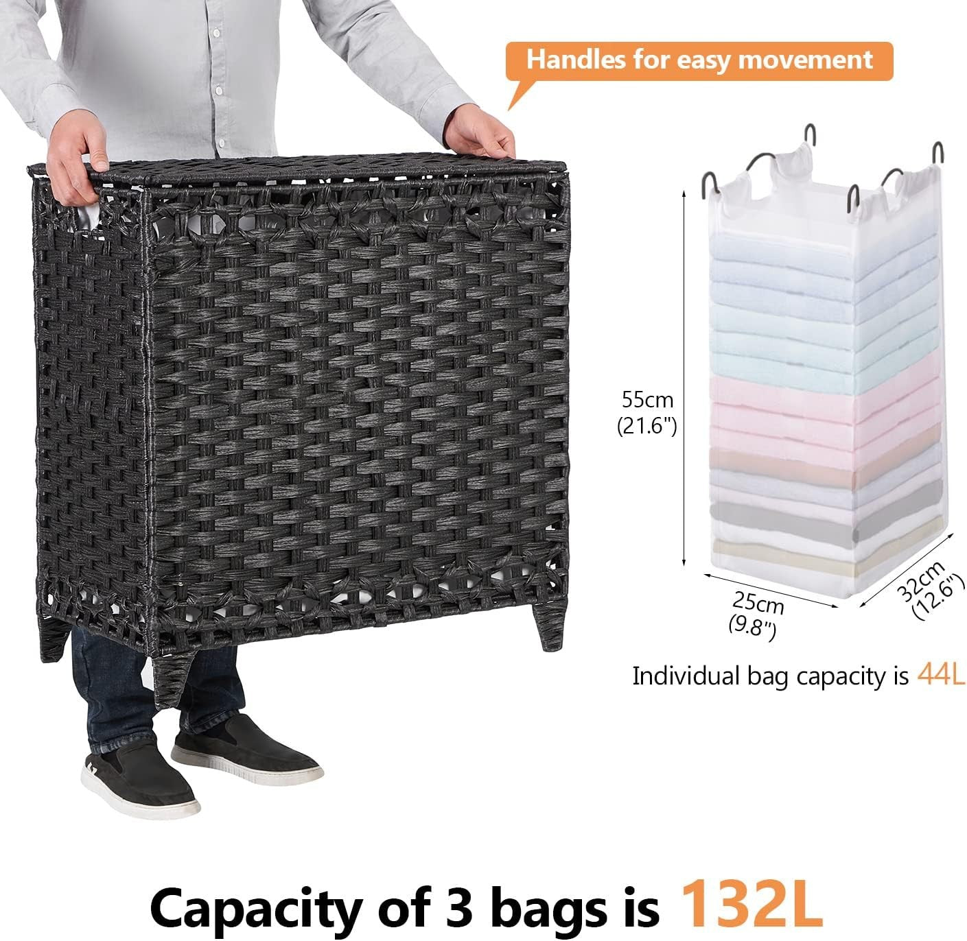 132L Black Rattan Laundry Hamper with Lid 3-Section Removable Liner Bags
