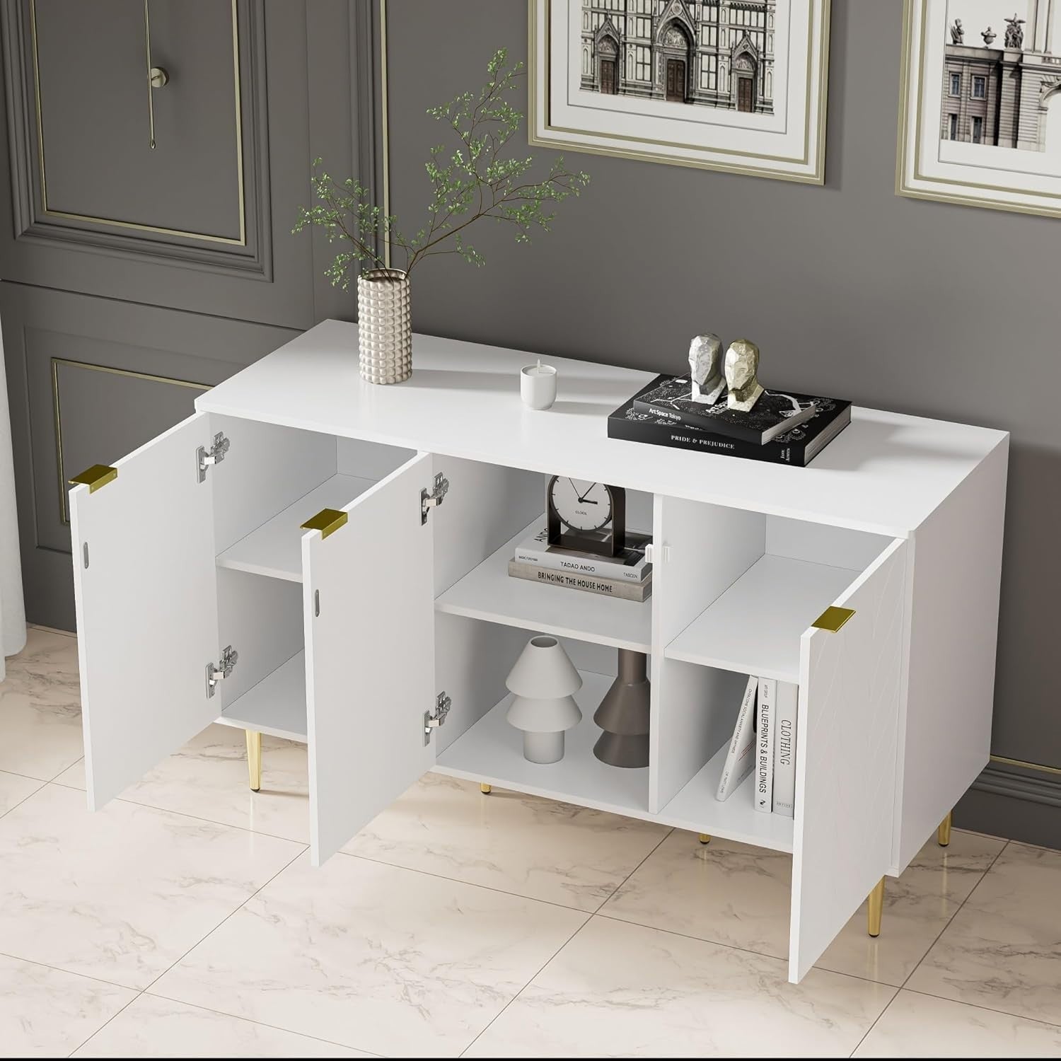 White Sideboard Cabinet 3 Doors Gold Legs Modern Storage Unit 127cm