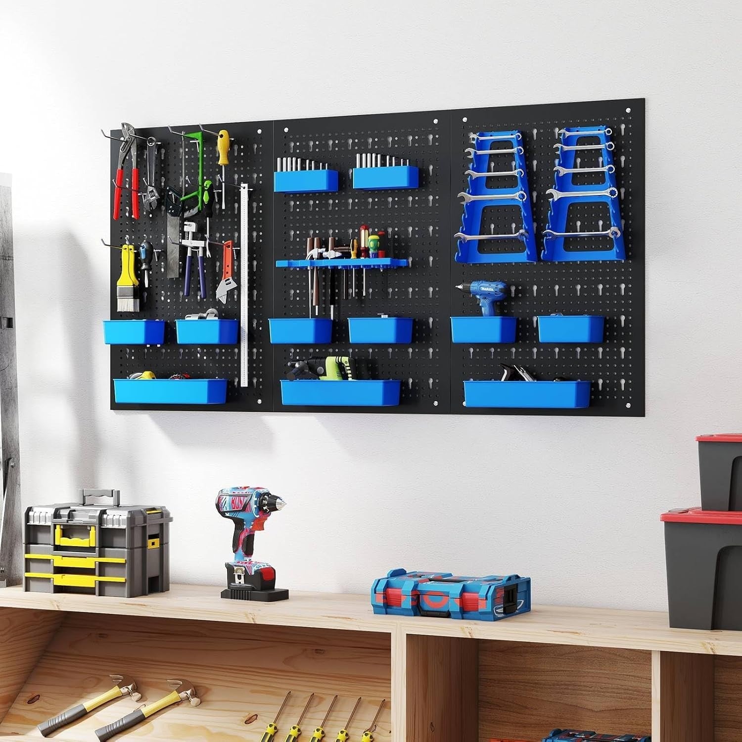 Black+Blue Pegboard Tool Organizer 3 Boards 26 Accessories Wall Rack
