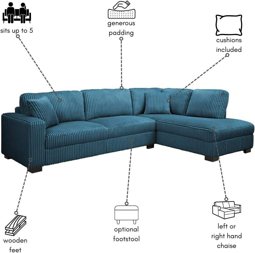L-Shape Large Corner Sofa 5 Seater Blue Teddy Jumbo Cord Right Hand Facing